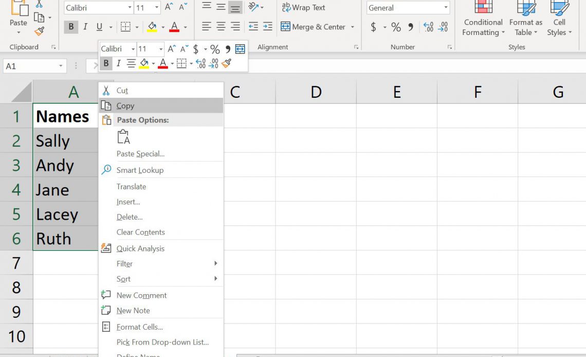 Контекстное меню в Excel, щелкнув правой кнопкой мыши с выбранной копией.
