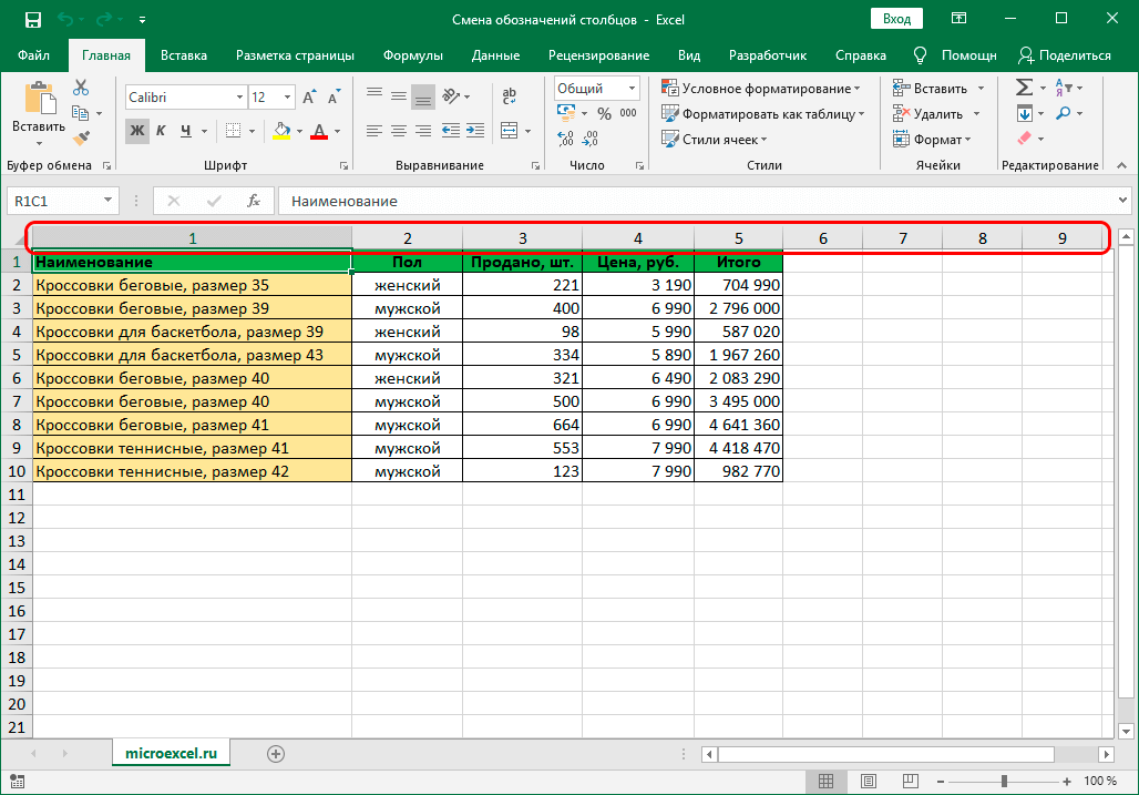 Стиль R1C1 в именах столбцов Excel