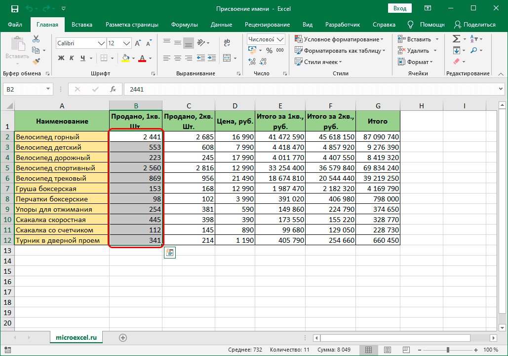 Выбранный диапазон ячеек в Excel