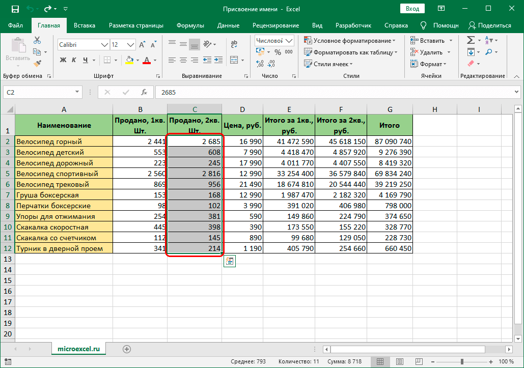 Выбранный диапазон ячеек в Excel