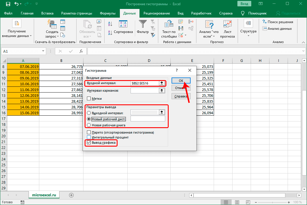 Параметры гистограммы в Excel