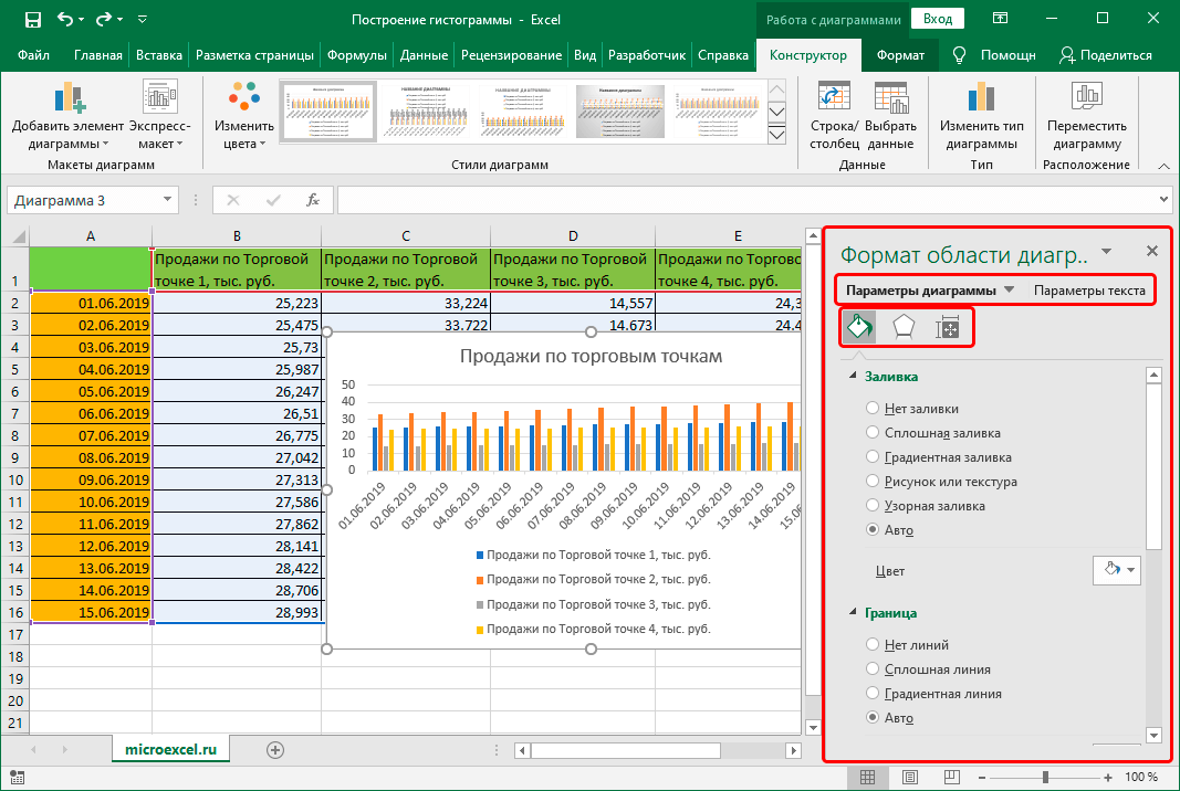 Форматирование диаграммы с областями в Excel