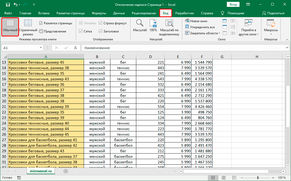 Стандартный вид электронной таблицы Excel