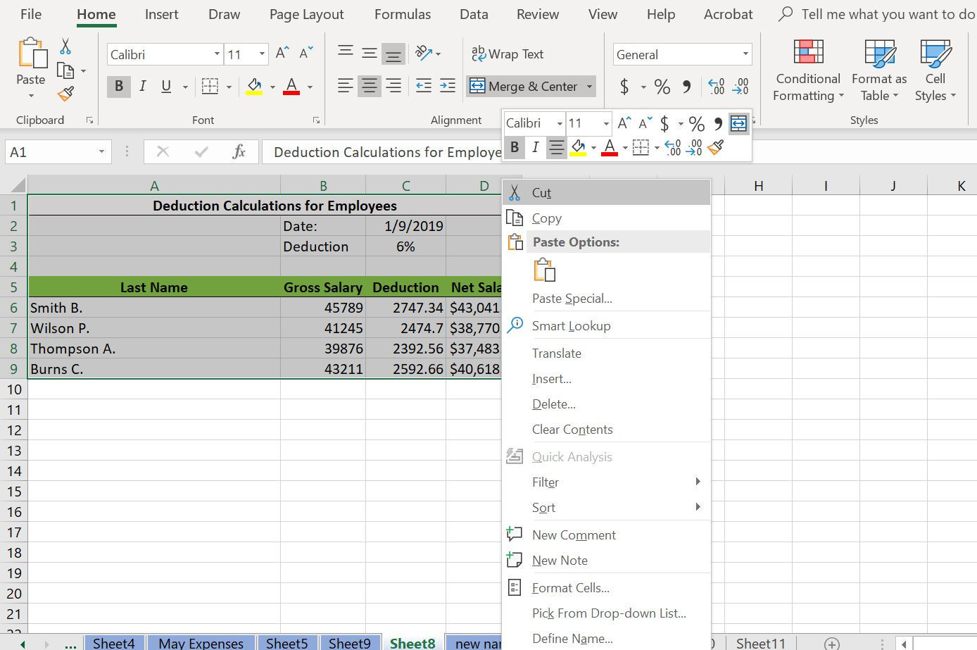 Контекстное меню в Excel, щелкнув правой кнопкой мыши с выбранным пунктом «Вырезать.