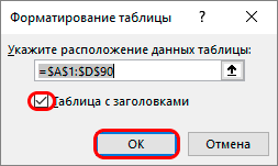 Указание координат для создания смарт-таблицы в Excel