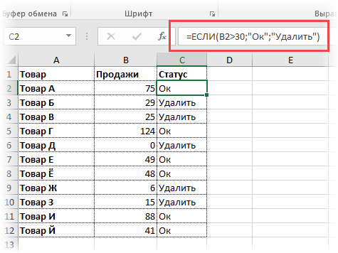 Функция ЕСЛИ в Excel с одним условием 