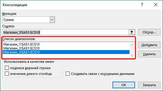 Список диапазонов в настройках консолидации в Excel