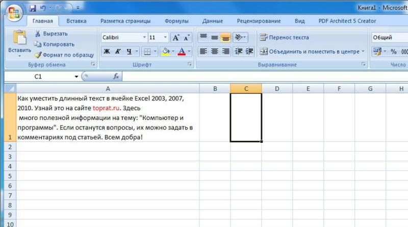 Как вставить длинный текст в ячейку Excel 2003, 2007, 2010 