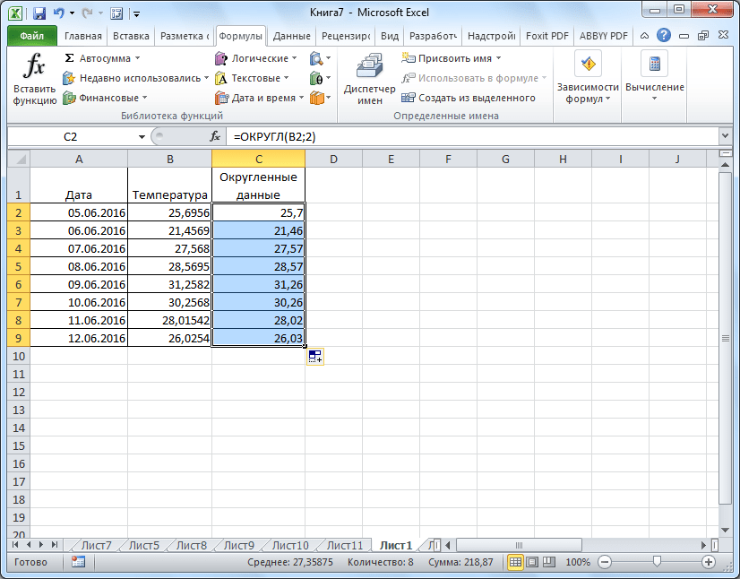 Табличные значения округлены в Microsoft Excel
