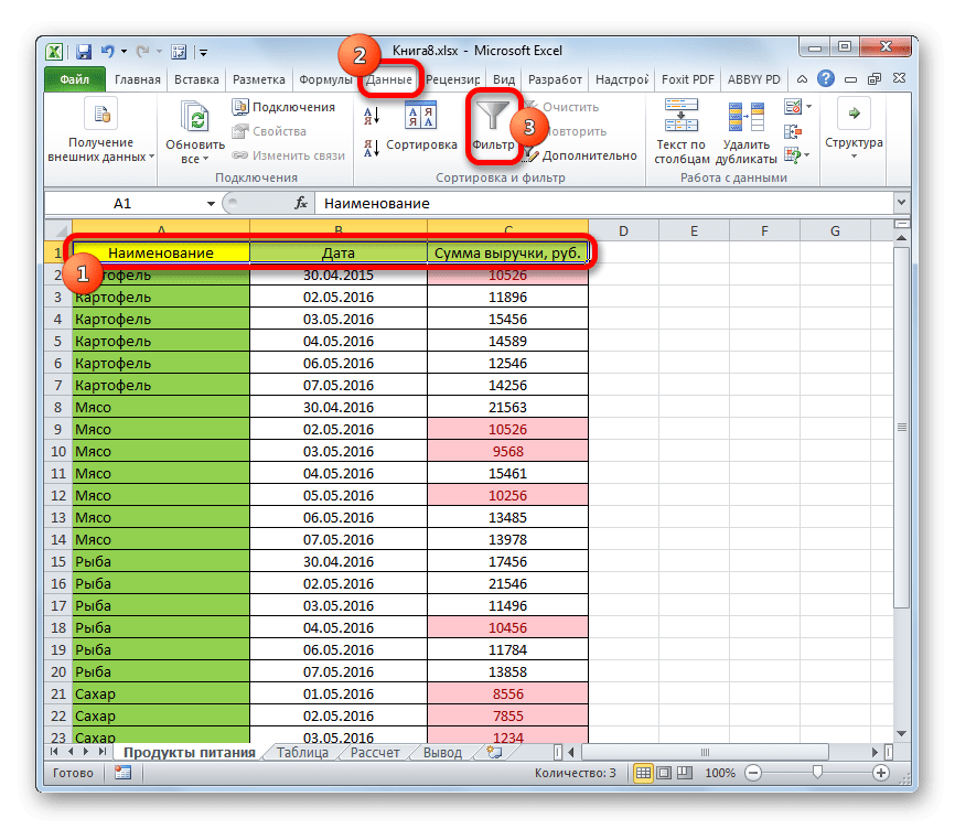 Включить фильтрацию для форматированной таблицы в Microsoft Excel