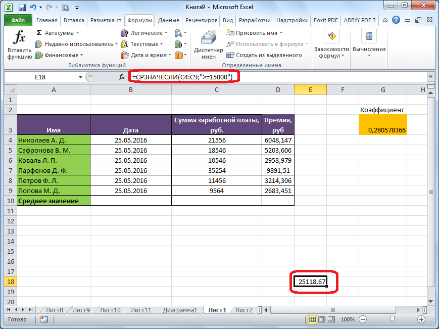 Рассчитано среднее арифметическое с условием в Microsoft Excel