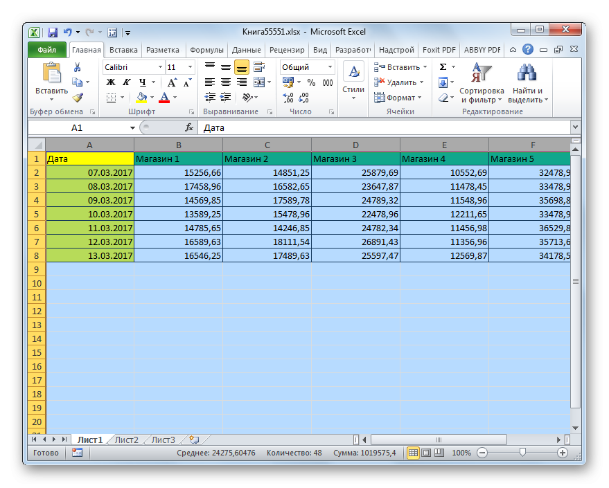 Увеличена ширина столбца в Microsoft Excel