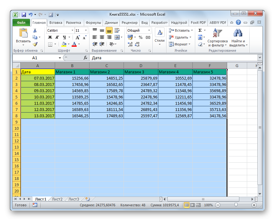 Все столбцы таблицы развернуты в Microsoft Excel