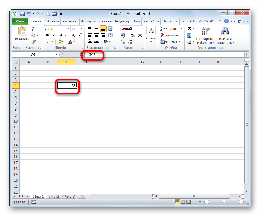 Результат вычисления квадрата числа по формуле в Microsoft Excel