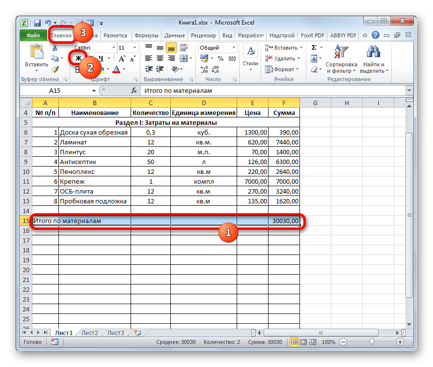 Жирный шрифт в строке «Итого для материалов» в Microsoft Excel