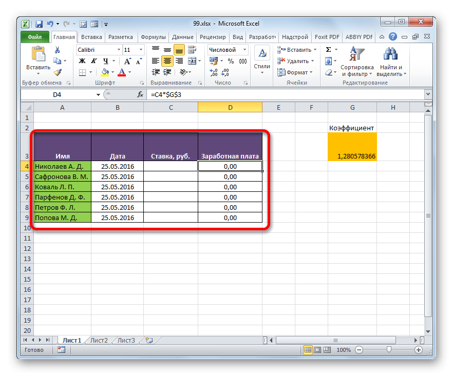 Таблица зарплат в Microsoft Excel