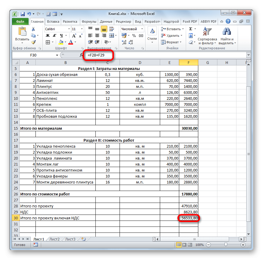 Результат расчета общей стоимости проекта с учетом НДС в Microsoft Excel