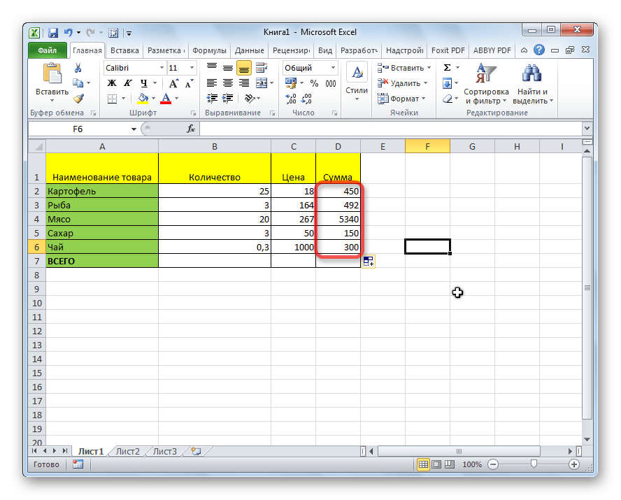 Умноженные столбцы в Microsoft Excel