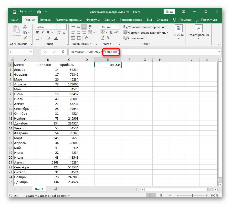Введите условие стандартного представления функции СУММЕСЛИ в Excel