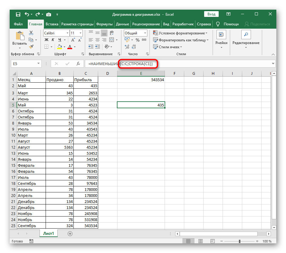 Формула заполнения для динамической сортировки по возрастанию в Excel