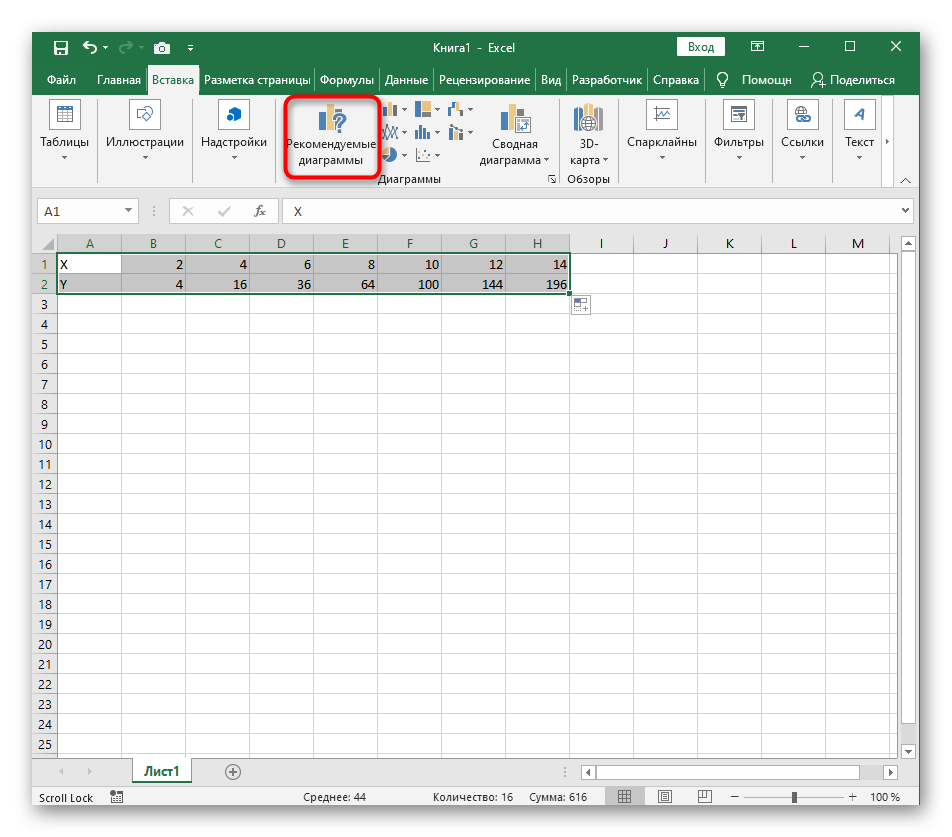 Перейдите в меню для выбора диаграммы, чтобы создать график функции X^2 в Excel 